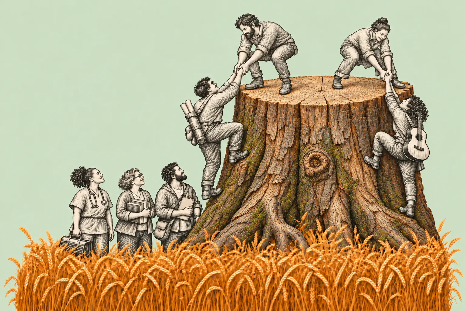 Mensen uit verschillende beroepen helpen elkaar een grote boomstronk op, midden in een graanveld.